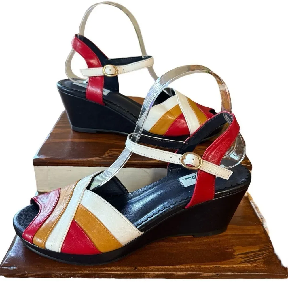 Lulu Hun London Tan Red White Blue Vegan Leather Tonya Peep Toe Wedge Sandals 6